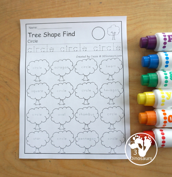 Tree Shape Find Printables has 12 shapes for kids to work on tracing the shapes and finding the shapes with shapes and shape words - 3Dinosaurs.com