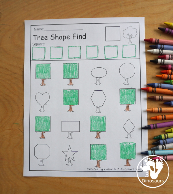 Tree Shape Find Printables has 12 shapes for kids to work on tracing the shapes and finding the shapes with shapes and shape words - 3Dinosaurs.com