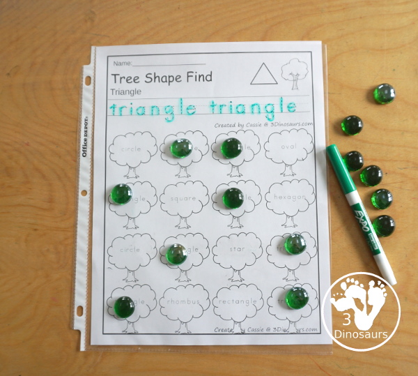 Tree Shape Find Printables has 12 shapes for kids to work on tracing the shapes and finding the shapes with shapes and shape words - 3Dinosaurs.com