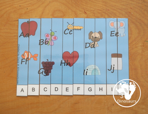 Free ABC 10 Piece Puzzles Printables - 10 piece puzzle with alphabetical order for the puzzles with uppercase letters, and lowercase letter, and numbers 1 to 10 and 11 to 20 - 3Dinosaurs.com