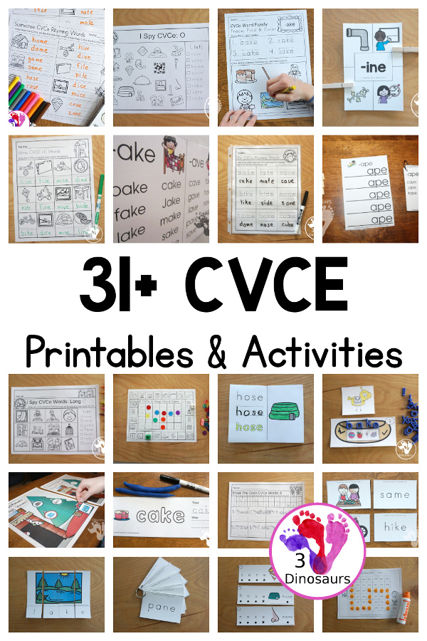 31+ CVCe Printables & Activities - you have a collection of hands-on, no-prep and great resources for learning CVCe words - 3Dinosaurs.com