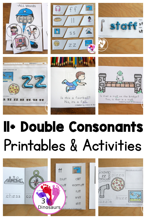 11+ Double Consonant Printables - with no-prep double consonant printables, double consonant book printables, double consonant ladders printables, double consonant playdough mat printables and more working on when you have two letters together that are the same with ff, ll, ss, and zz - 3Dinosaurs.com