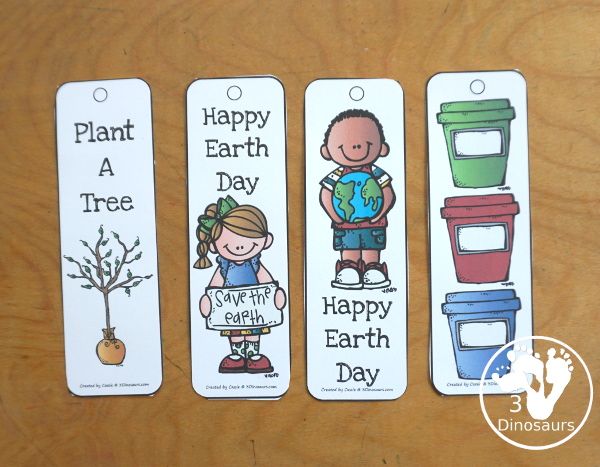 Free Earth Day Bookmarks - 12 different bookmarks for kids - They have different Earth Day themes with horizontal and vertical bookmarks. - 3Dinosaurs.com