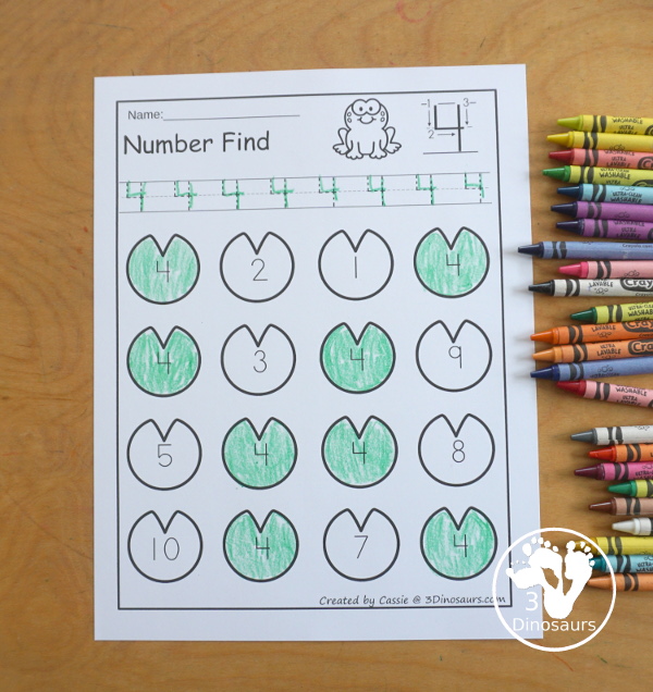 Pond Number Find Printable - with numbers from 0 to 20 with numerical number and number word to trace and find with a fun frog and lily pad theme- 3Dinosaurs.com