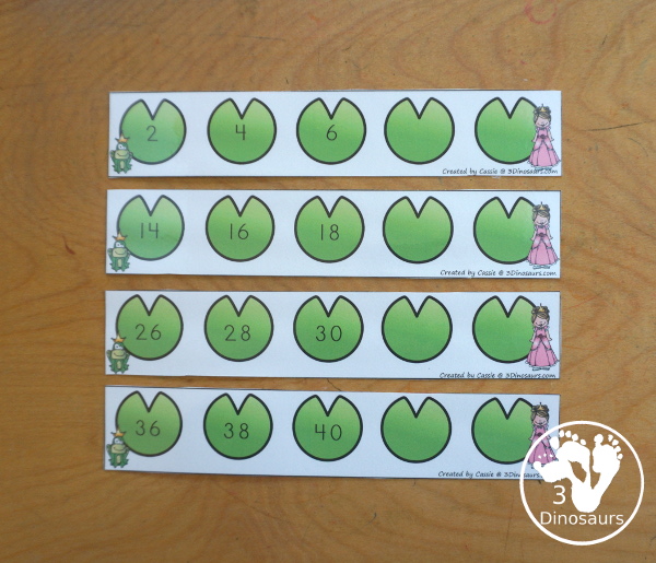 Free Frog Prince Skip Counting Strips Printables - 4 skip counting strips for skip counting by 2, 5 and 10. Easy way to work on skip counting forward and then skip counting the missing numbers or writing them on the strips with a matching worksheet. - 3Dinosaurs.com