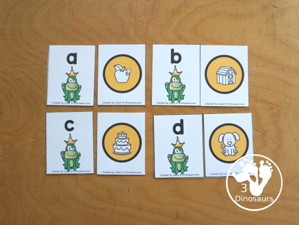 Free Frog Prince ABC Matching Printable - you have an uppercase letter with matching lowercase letter and picture with a beginning sound. A fun letter activity for the Frog Prince Story. 3Dinosaurs.com