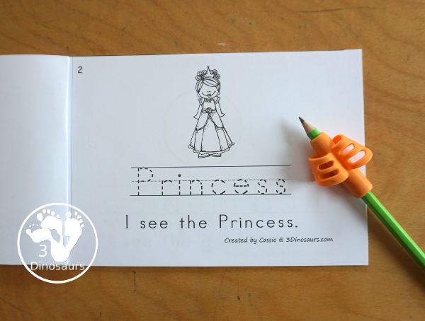 Free Frog Prince Easy Reader Book With Tracing with tracing. This enjoyable 8-page book features various words from the story for kids to trace and then read the corresponding sentences. It is a super simple, easy reader book for children based on the Frog Prince story. - 3Dinosaurs.com