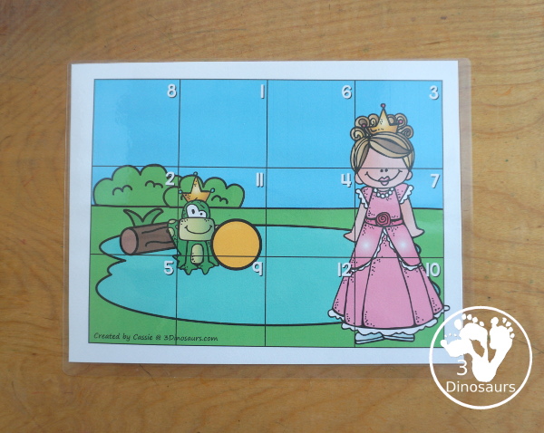 Free Frog Prince Number Counting Puzzle Printable - a number puzzle for 1 to 12 with counting golden balls on the puzzle mat and matching numbers on the puzzle pieces. A great prek and kindergarten puzzle for kids. - 3Dinosaurs.com