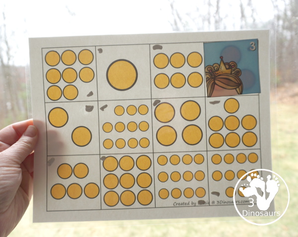 Free Frog Prince Number Counting Puzzle Printable - a number puzzle for 1 to 12 with counting golden balls on the puzzle mat and matching numbers on the puzzle pieces. A great prek and kindergarten puzzle for kids. - 3Dinosaurs.com