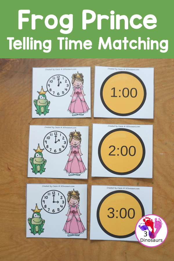 Free Frog Prince Telling Time Matching Cards - with hourly matching cards with analog clock and digital clock with 12 matching cards for each of the hours on a clock - 3Dinosaurs.com