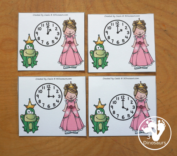 Free Frog Prince Telling Time Matching Cards - with hourly matching cards with analog clock and digital clock with 12 matching cards for each of the hours on a clock - 3Dinosaurs.com