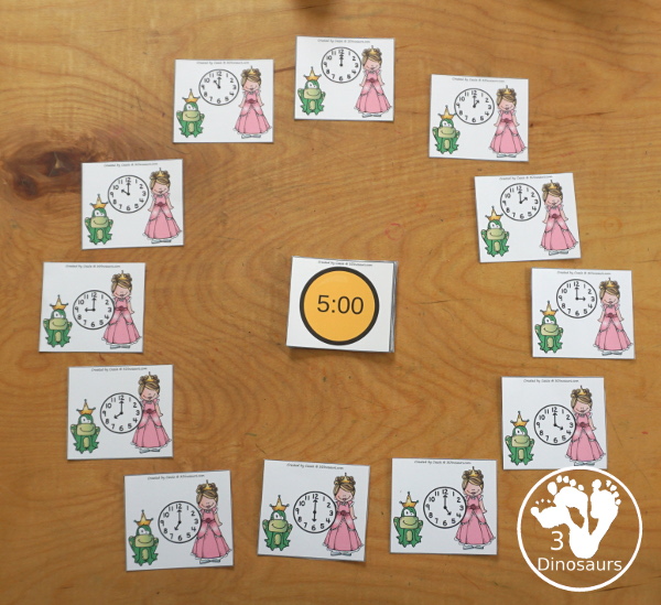 Free Frog Prince Telling Time Matching Cards - with hourly matching cards with analog clock and digital clock with 12 matching cards for each of the hours on a clock - 3Dinosaurs.com
