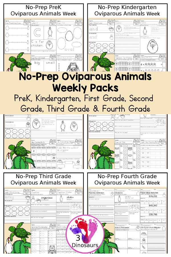 No-Prep Oviparous Animals Weekly Packs PreK, Kindergarten, First Grade, Second Grade, Third Grade & Fourth Grade with 5 days of activities to do for each grade level with tree words - You will find a mix of math, language, and more - These are easy to use packs for homework and morning work. Easy no-prep printables for kids with four pages for each day. You have some life cycle of oviparous animals as well. - 3Dinosaurs.com