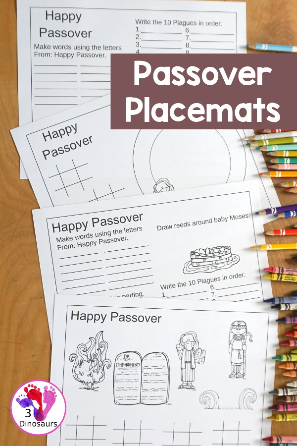 Free Passover Placemats - 4 different placemats to use. You have different activities and levels on each of the placemats. A fun way to entertain kids. - 3Dinosaurs.com