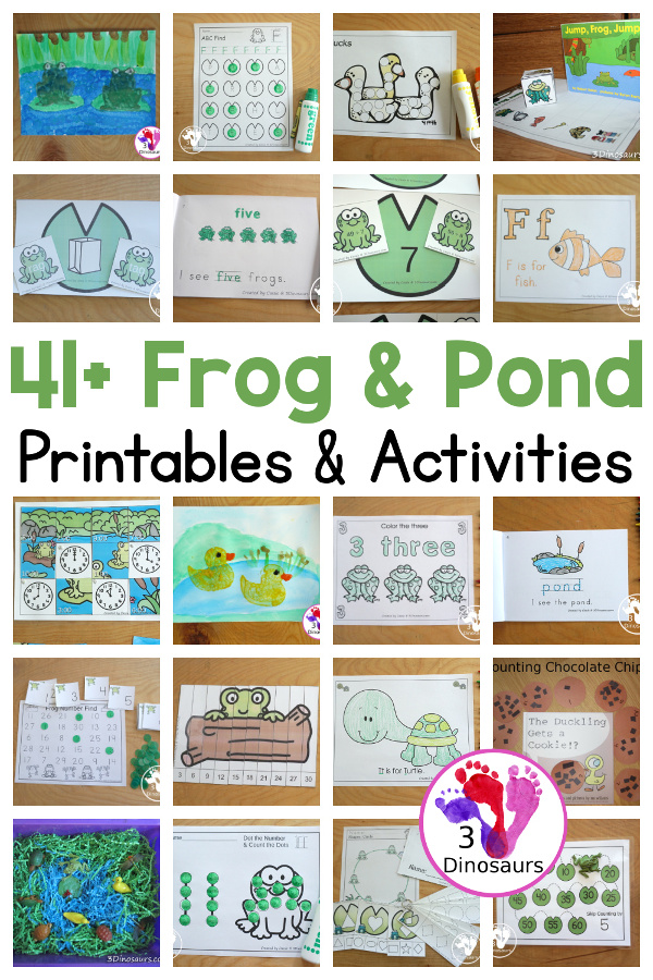 41+ Pond & Frog Themed Printables & Activities - Collection of pond and frog themed printables and activities for kids to do; you have pond crafts, pond printable packs, frog life cycle, pond math, pond dot markers, pond gross motor and more - 3Dinosaurs.com