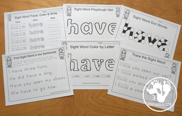 Free Romping & Roaring Primer Sight Words: have, he, into, like. You have six pages of printables for each sight word. You have reading, sight word playdough mats, sigh word handwriting, sight word dot marker words and more - 3Dinosaurs.com