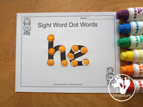 Free Romping & Roaring Primer Sight Words: have, he, into, like. You have six pages of printables for each sight word. You have reading, sight word playdough mats, sigh word handwriting, sight word dot marker words and more - 3Dinosaurs.com