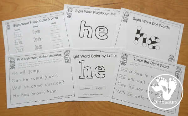 Free Romping & Roaring Primer Sight Words: have, he, into, like. You have six pages of printables for each sight word. You have reading, sight word playdough mats, sigh word handwriting, sight word dot marker words and more - 3Dinosaurs.com