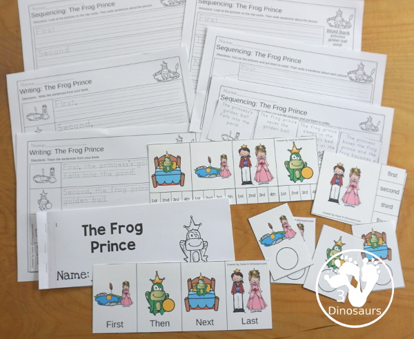 Sequencing: Frog Prince - A fun way to learn the Frog Prince story with 4 steps with writing, easy reader book, clip cards, order of event cards, and cut and paste worksheet. A great sequencing story set for kids. 3Dinosaurs.com