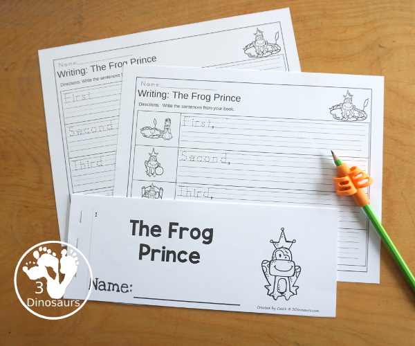 Sequencing: Frog Prince - A fun way to learn the Frog Prince story with 4 steps with writing, easy reader book, clip cards, order of event cards, and cut and paste worksheet. A great sequencing story set for kids. 3Dinosaurs.com