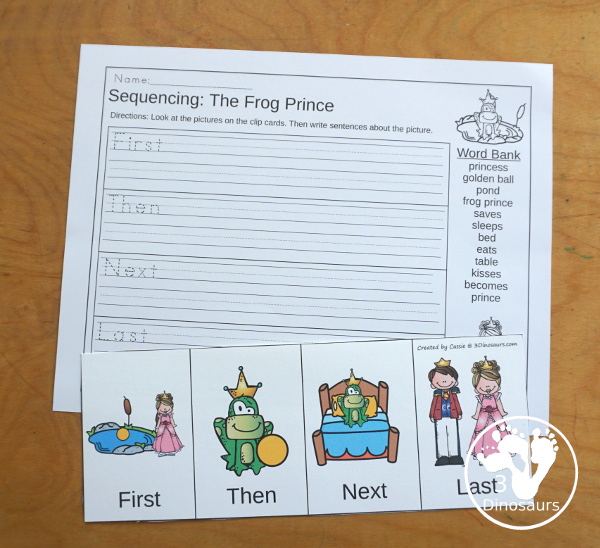 Sequencing: Frog Prince - A fun way to learn the Frog Prince story with 4 steps with writing, easy reader book, clip cards, order of event cards, and cut and paste worksheet. A great sequencing story set for kids. 3Dinosaurs.com