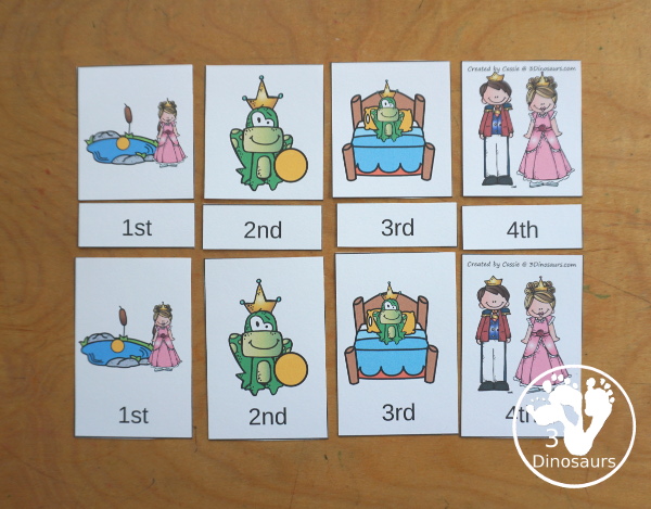 Sequencing: Frog Prince - A fun way to learn the Frog Prince story with 4 steps with writing, easy reader book, clip cards, order of event cards, and cut and paste worksheet. A great sequencing story set for kids. 3Dinosaurs.com