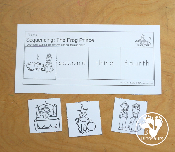 Sequencing: Frog Prince - A fun way to learn the Frog Prince story with 4 steps with writing, easy reader book, clip cards, order of event cards, and cut and paste worksheet. A great sequencing story set for kids. 3Dinosaurs.com