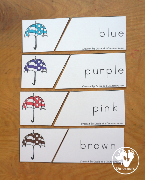 Umbrella Color Pack - You have fun colored umbrellas and raindrops for this fun spring color pack theme.  You have easy reader book, clip cards, cards, writing, tracing and more in this fun spring color pack. 3Dinosaurs.com