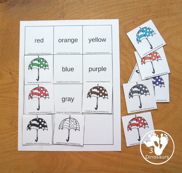 Umbrella Color Pack - You have fun colored umbrellas and raindrops for this fun spring color pack theme.  You have easy reader book, clip cards, cards, writing, tracing and more in this fun spring color pack. 3Dinosaurs.com