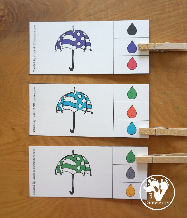 Umbrella Color Pack - You have fun colored umbrellas and raindrops for this fun spring color pack theme.  You have easy reader book, clip cards, cards, writing, tracing and more in this fun spring color pack. 3Dinosaurs.com