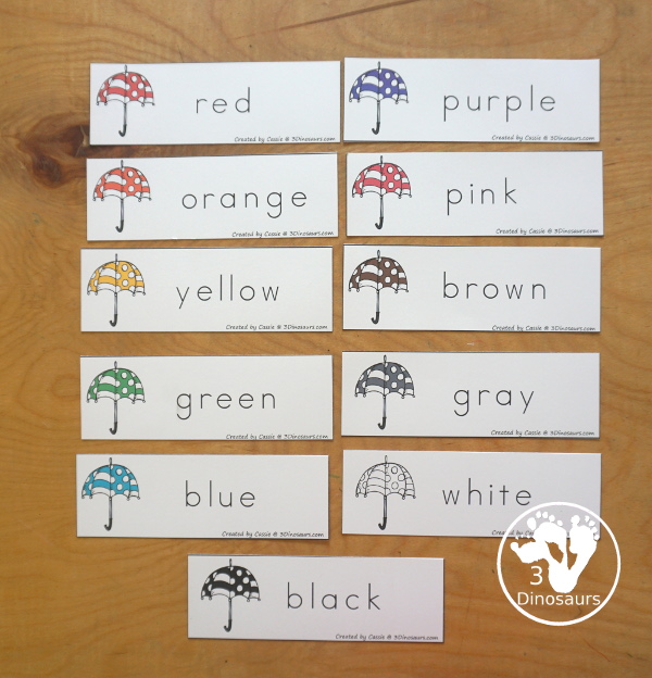 Umbrella Color Pack - You have fun colored umbrellas and raindrops for this fun spring color pack theme.  You have easy reader book, clip cards, cards, writing, tracing and more in this fun spring color pack. 3Dinosaurs.com