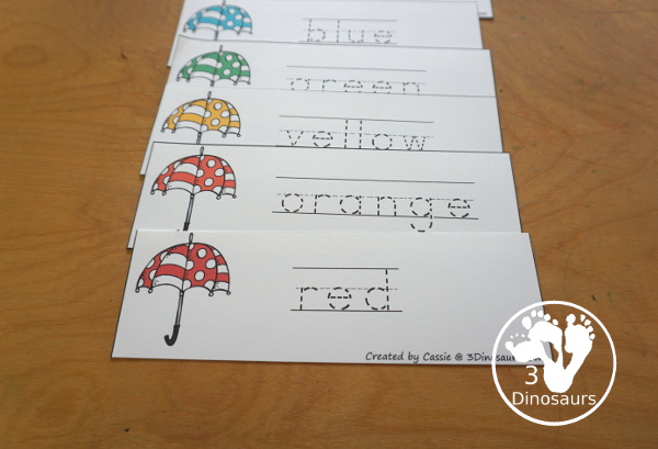 Umbrella Color Pack - You have fun colored umbrellas and raindrops for this fun spring color pack theme.  You have easy reader book, clip cards, cards, writing, tracing and more in this fun spring color pack. 3Dinosaurs.com