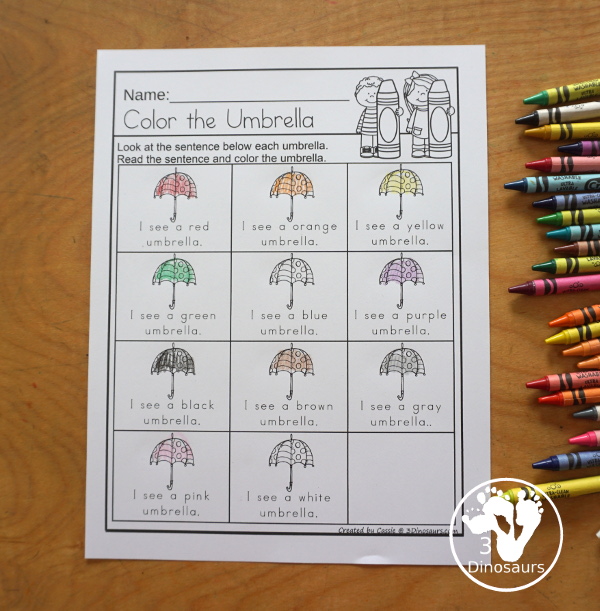 Umbrella Color Pack - You have fun colored umbrellas and raindrops for this fun spring color pack theme.  You have easy reader book, clip cards, cards, writing, tracing and more in this fun spring color pack. 3Dinosaurs.com