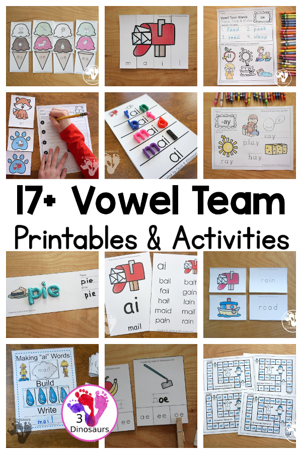 17+ Vowel Team Printables & Activities - with wall cards, puzzles, hands-on learning, no-prep printables and more all working on vowel team words - 3Dinosaurs.com