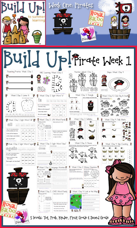 Build Up Summer Learning: Week 1 Pirate - Levels: Tot, Prek, Kinder, First Grade & Second - Sight Words, ABCs, Numbers, Shapes, Word Families, Language & Math - 3Dinosaurs.com & RoyalBaloo.com