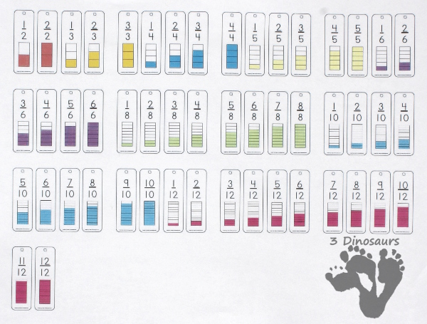 Free Fraction Bookmarks -  13 pages of fractions with 4 bookmarks per page - fractions for 2, 3, 4, 5, 6, 8, 10, 12 - 3Dinosaurs.com