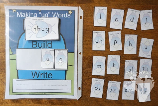 Free Hands-On Mat for Making UG Word Family Words - fun way to work on building the different types of ug words with a firefly theme - 3Dinosaurs.com