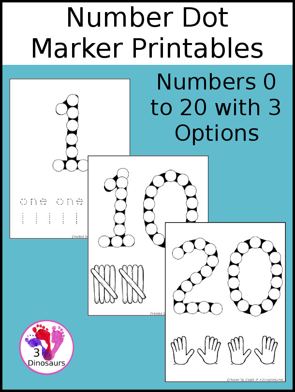 Free Number Dot Marker Pages 0 to 20 - with numbers tracing, tally markers, and hands for counting - 3Dinosaurs.com