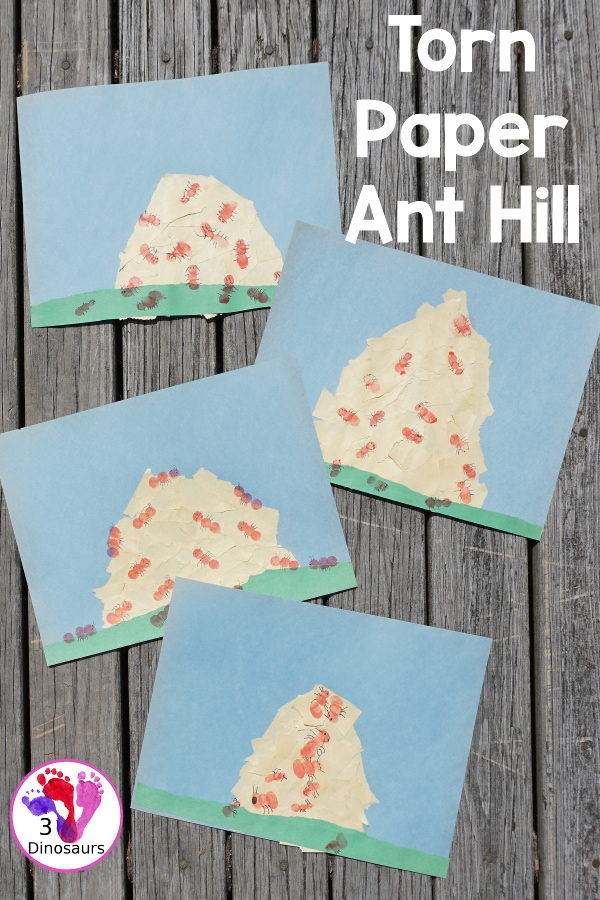 Torn Paper Ant Hills With Fingerprint Ants - Easy to make ant craft for kids. You have a torn paper any hill and finger print ants for kids to make on and around the torn paper hill.  3Dinosaurs.com