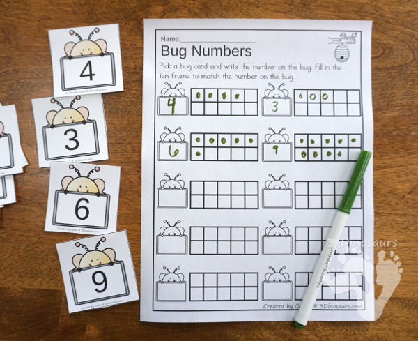 Bug Themed Ten Frame Printables: No-Prep & Hands-On - 82 pages of printables working on ten frame activities for numbers 1 to 20 with hands-on and no-prep: cards, worksheets and easy reader books - 3Dinosaurs.com #handsonmath #teacherspayteachers #tenframe #springprintablesforkids #printablesforkids