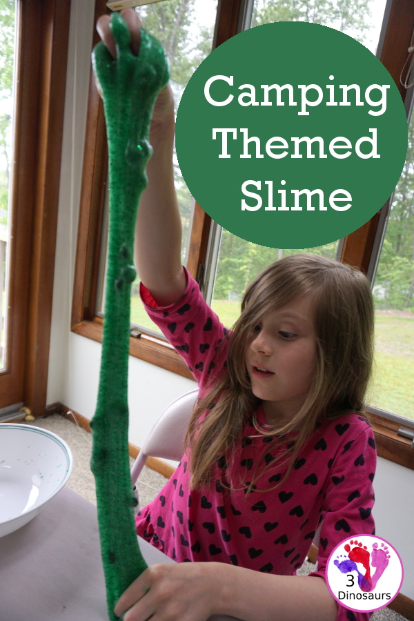 Great Sensory Play With Camping Themed Slime -easy to make with a great book about slime 3Dinosaurs.com