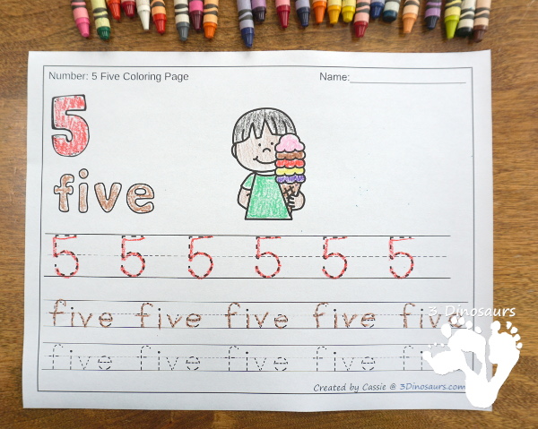 No-Prep SummerThemed Number Color and Trace - easy no-prep printables with 5 summer themes: general summer, watermelon, ice cream, bubbles, and camping 44 pages for each set with two options for the numbers tracing or writing $ - 3Dinosaurs.com #noprepprintable #summer #numbersforkids