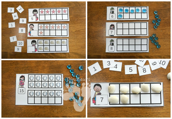 Bubbles & Beach Themed Ten Frame Printables: No-Prep & Hands-On - 168 pages of printables working on ten frame activities for numbers 1 to 20 with hands-on and no-prep: cards, worksheets and easy reader books - 3Dinosaurs.com #handsonmath #teacherspayteachers #tenframe #summerprintablesforkids #printablesforkids