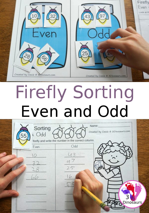 Free Hands-On Sorting: Firefly Even and Odd - work on even and odd number with hands-on sorting and a recording sheet - 3Dinosaurs.com