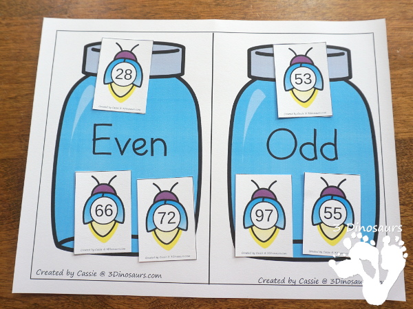 Free Hands-On Sorting: Firefly Even and Odd - work on even and odd number with hands-on sorting and a recording sheet - 3Dinosaurs.com