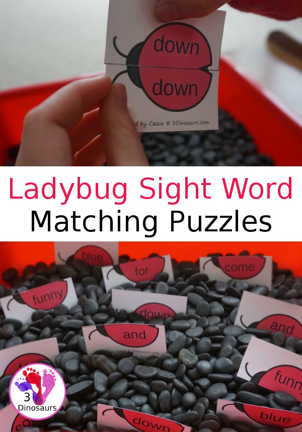 Free Ladybug Sight Word Matching Puzzles - all 220 Dolch sight words in simple 2 piece puzzles for kids to have fun matching - 3Dinosaurs.com