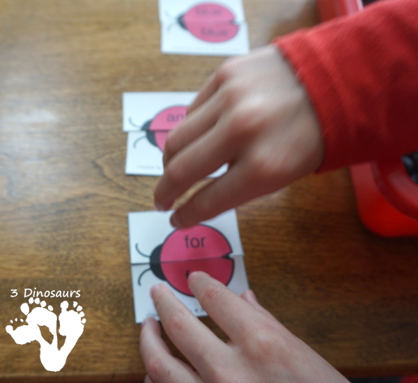 Free Ladybug Sight Word Matching Puzzles - all 220 Dolch sight words in simple 2 piece puzzles for kids to have fun matching - 3Dinosaurs.com