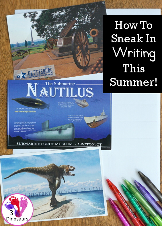How to Sneak in Writing This Summer! With this sneaky way for writing postcards when kids think it is fun - 3Dinosaurs.com