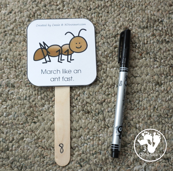 Free Ant Gross Motor Dice - 6 fun marching movements for kids to have fun with - 3Dinosaurs.com #bugsforkids #grossmotor #grossmotordice #freeprintable #3dinosaurs