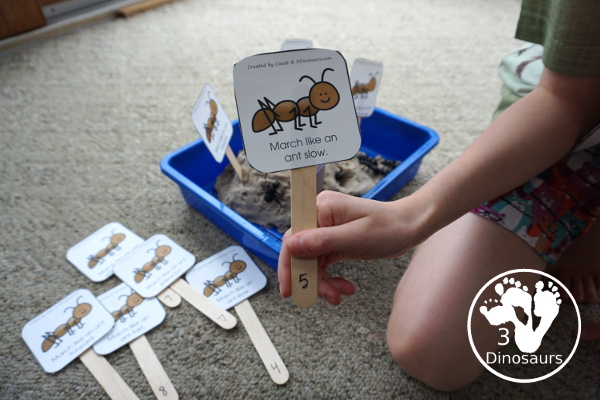 Free Ant Gross Motor Dice - 6 fun marching movements for kids to have fun with - 3Dinosaurs.com #bugsforkids #grossmotor #grossmotordice #freeprintable #3dinosaurs